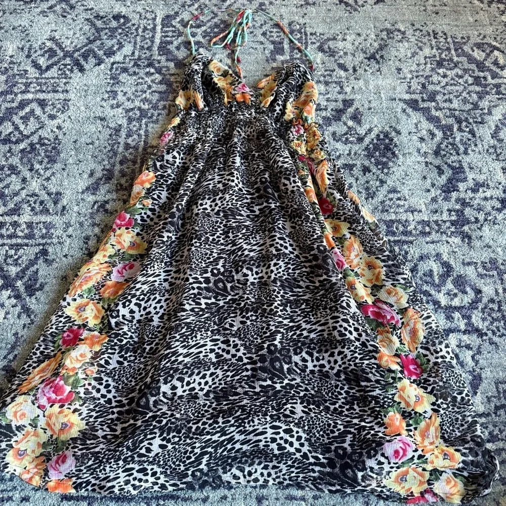 Y2K Fumblin’ Foe Cheetah Animal Print and Floral Halter Neck Dress Size Large - Picture 2 of 8